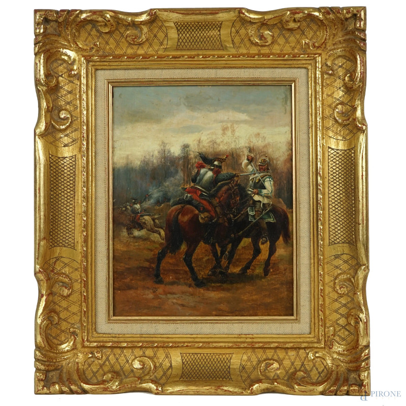 Pittore francese del XIX secolo, Scontro tra cavalieri, olio su tavola, cm 23,5x18, entro cornice  - Asta ASTA DI ANTIQUARIATO E ARTE MODERNA - Aste Pirone