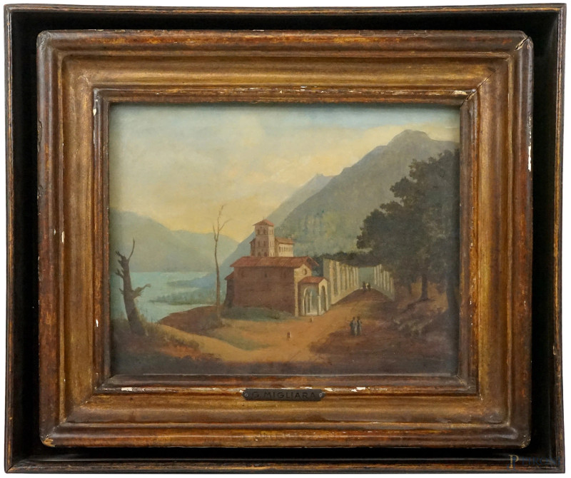 Giovanni Migliara : Paesaggio, olio su tela, cm 25,5x31, entro cornice  - Asta ASTA A TEMPO DI ANTIQUARIATO E ARTE MODERNA - Aste Pirone