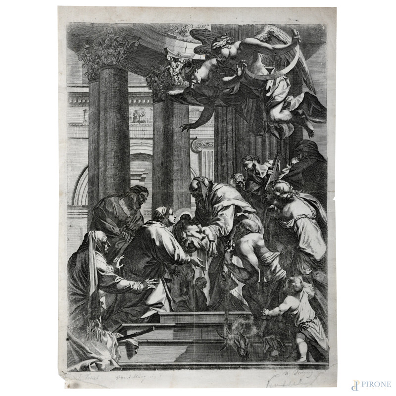 Presentazione al tempio, XVIII secolo, incisione su carta, cm 49x36, (segni di usura, tracce di umidità, gore, foxing, lacerazioni della carta, tracce di piegatura, rotture, restauri)  - Asta RAPIDA SOLIS - Aste Pirone