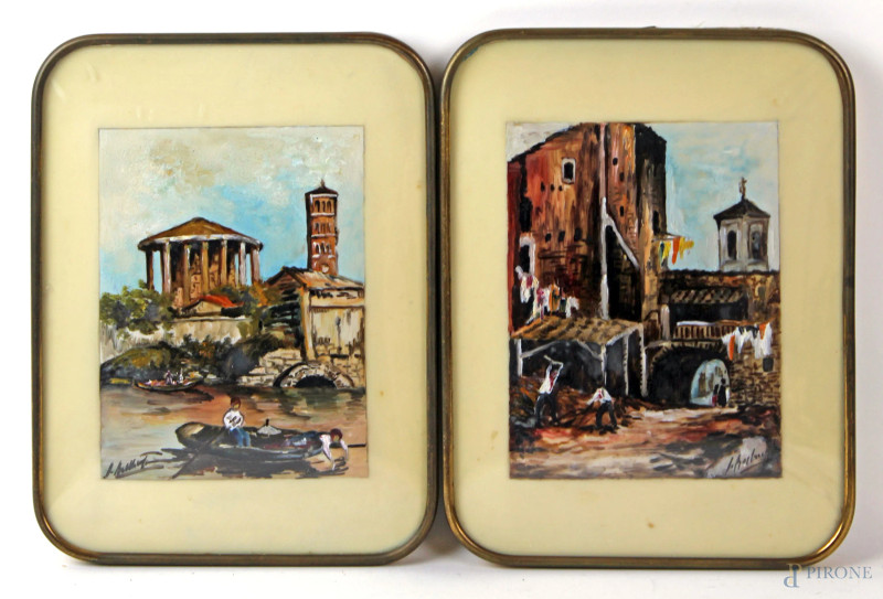 Coppia di miniature raffiguranti scorci di Roma, cm 23x17, firmate, entro cornici  - Asta Asta a Tempo di Antiquariato e Arte Moderna - Aste Pirone