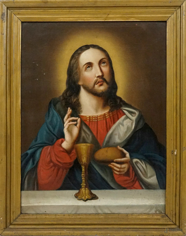 Cristo con il calice ed il pane, olio su tela, cm 63x47, prima metà del XX secolo, entro cornice  - Asta ASTA A TEMPO di Arte Moderna e Antiquariato - Aste Pirone