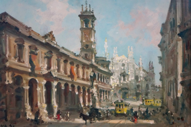 Scorcio sul Duomo di Milano, olio su faesite, cm 30x40, firmato G.Riva, entro cornice.  - Asta ASTA A TEMPO DI ANTIQUARIATO E ARTE MODERNA - Aste Pirone