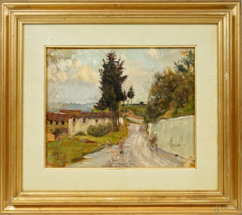 Viale con figure, olio su tela, cm 24x30, firmato Ciani, entro cornice.  - Asta ASTA A TEMPO DI ANTIQUARIATO E ARTE MODERNA - Aste Pirone