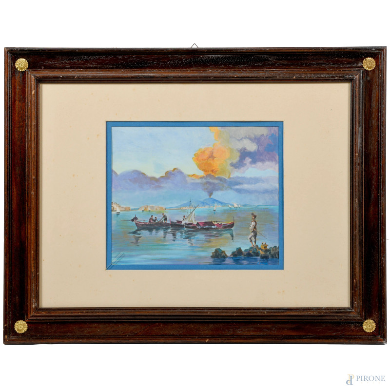 Golfo di Napoli con figure in costume, XX secolo, tecnica mista su carta, cm 58,5x53,5 compreso passepartout, firmato in basso a destra, entro cornice  - Asta ASTA A TEMPO | INCANTO - Aste Pirone