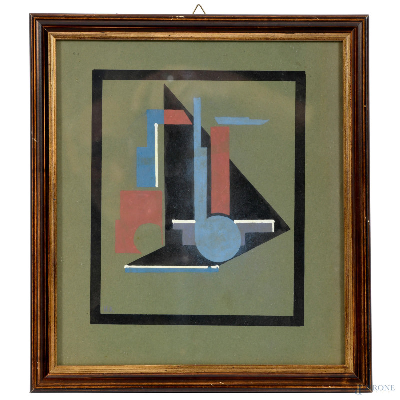 Composizione suprematista, XX secolo, tecnica mista su carta, cm 25x22, entro cornice (ondulazioni della carta e tracce di umidità)  - Asta ASTA A TEMPO | PICTA MANENT - Aste Pirone