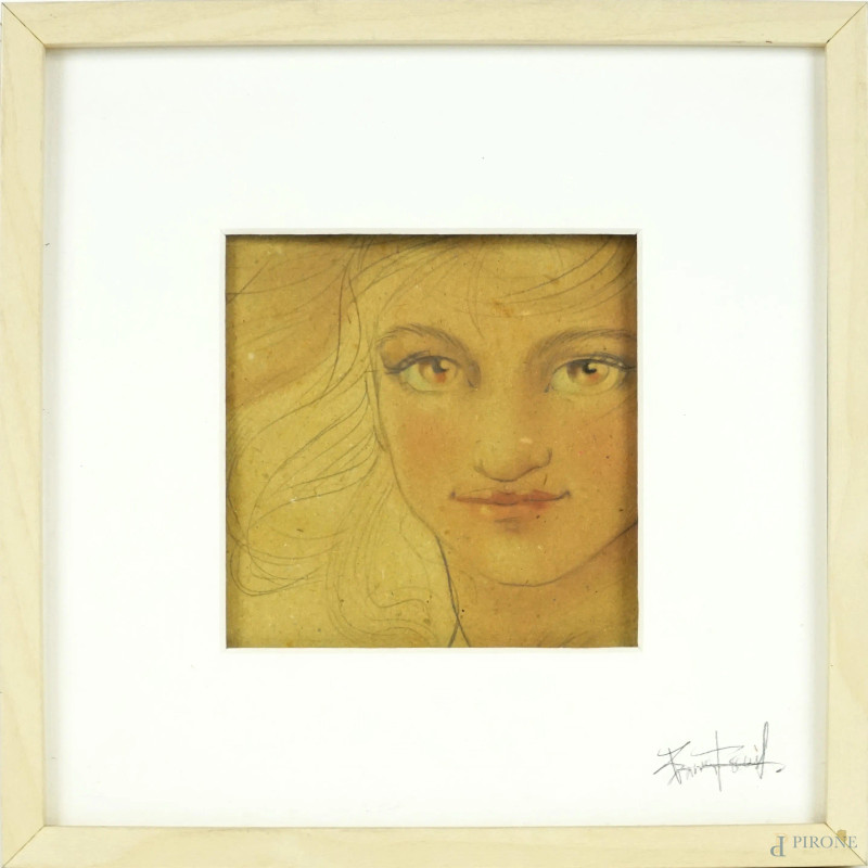 Volto di donna, tecnica mista su carta, cm 11,5x11,5, XX secolo, entro cornice.  - Asta I TORNATA DI ASTA A TEMPO DI ARTE MODERNA E ANTIQUARIATO - Aste Pirone