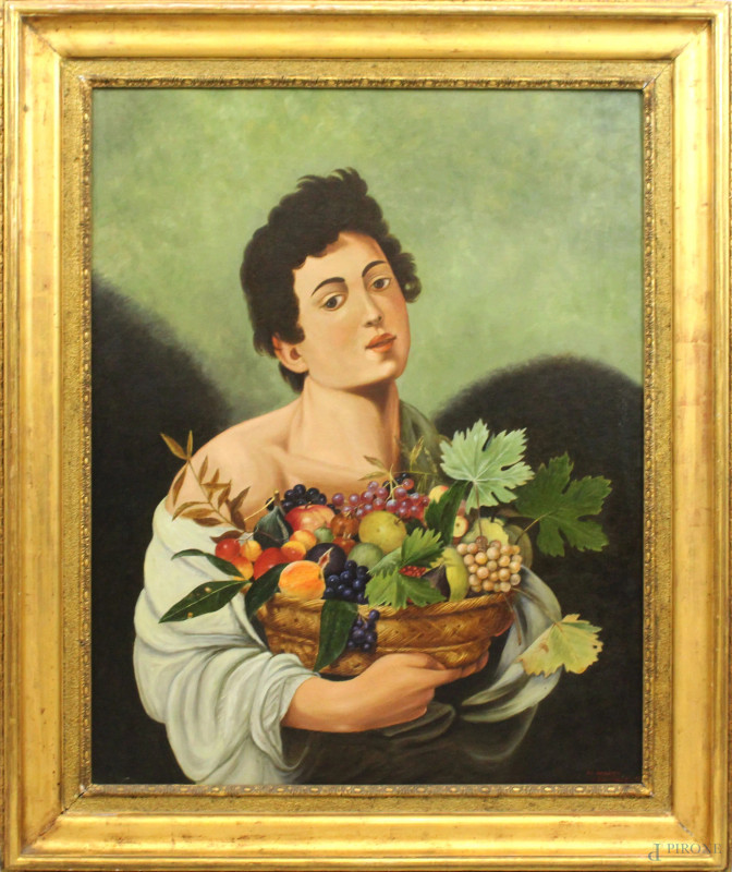 Copia da Michelangelo Merisi da Caravaggio (Milano, 1571- Porto Ercole, 1610), Fanciullo con canestro di frutta, cm 93x75, olio su tela applicata su tavola, firmato L.Ercolani, entro cornice.  - Asta SECONDA TORNATA D' ASTA A TEMPO DI FINE STAGIONE - Aste Pirone