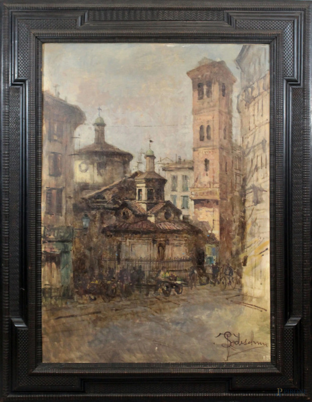 Lucio Todeschini : Scorcio sul Battistero di S.Maria presso S.Satiro a Milano, olio su tela, cm 140x100, entro cornice, (difetti).  - Asta ANTIQUARIATO E ARTE MODERNA - Aste Pirone