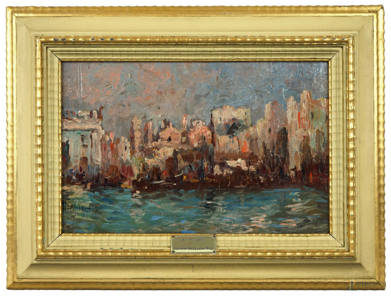 Agesilao Flora : Le sciabiche, Brindisi, olio su tavola, cm 22,5x34, entro cornice  - Asta ASTA DI ANTIQUARIATO E ARTE MODERNA - Aste Pirone