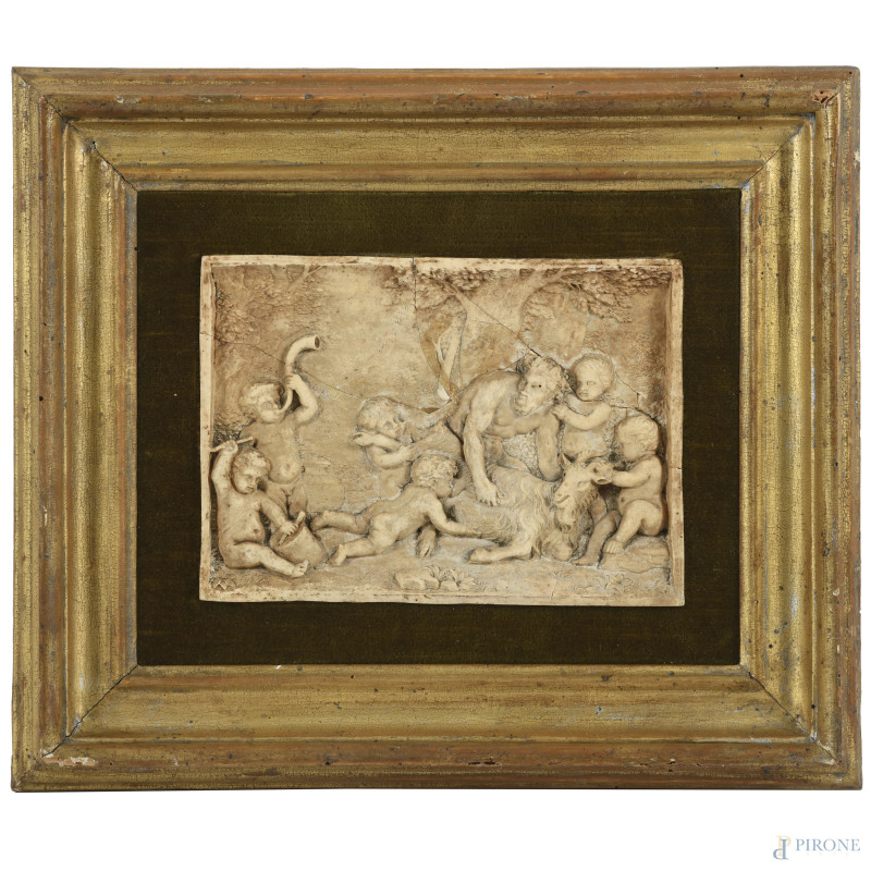 Bassorilievo in resina raffigurante gioco di putti e Sileno con montone, XX secolo, cm 12x16, entro cornice (rotture, restauri, difetti, mancanze)  - Asta  ASTA A TEMPO | VARIÆ - Aste Pirone