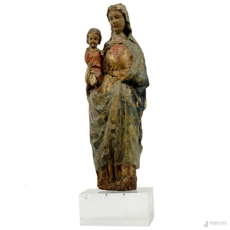 Scuola dell'Italia centrale, XIV secolo, Madonna col Bambino, cm h 53,5, (difetti e mancanze).  - Asta ASTA A TEMPO DI ANTIQUARIATO E ARTE MODERNA - Aste Pirone