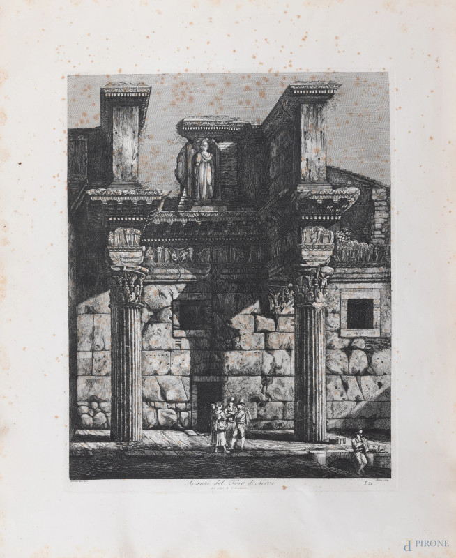 Incisione degli Avanzi del Foro di Nerva, XX secolo, cm 62x51, (segni di usura, fori, tracce di umidità, foxing, gore, ondulazioni della carta)  - Asta  ASTA A TEMPO | VARIÆ - Aste Pirone