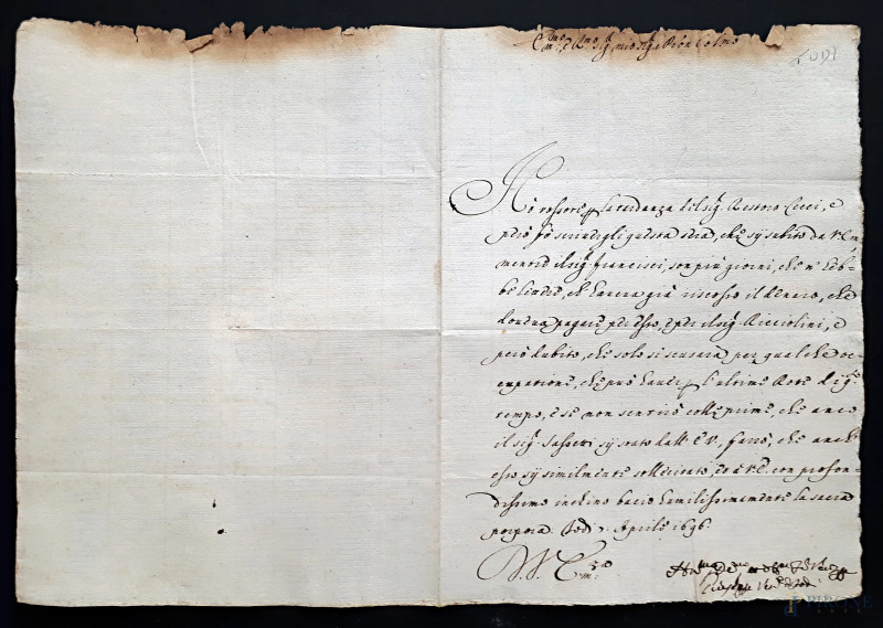 Antico raro manoscritto umbro del 1696 scampato a incendio, vergato a penna d’oca e inchiostro di galla su carta vergellata e filigranata  - Asta ASTA DI ARTE MODERNA, CONTEMPORANEA E VINTAGE - Aste Pirone