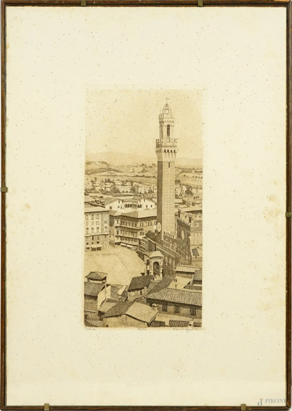 Mario Agostini : Piazza del Campo a Siena, litografia su carta, cm 50,5x35, es.70/150, entro cornice, (difetti).  - Asta ASTA A TEMPO di Arte Moderna e Antiquariato - Aste Pirone