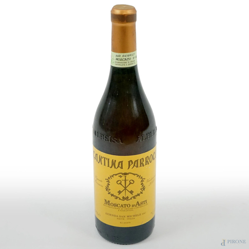 Cantina Parroco, Moscato d'Asti, bottiglia di vino bianco da 7,5 cl, annata 2001.  - Asta ASTA DI ARTE MODERNA, CONTEMPORANEA E VINTAGE - Aste Pirone