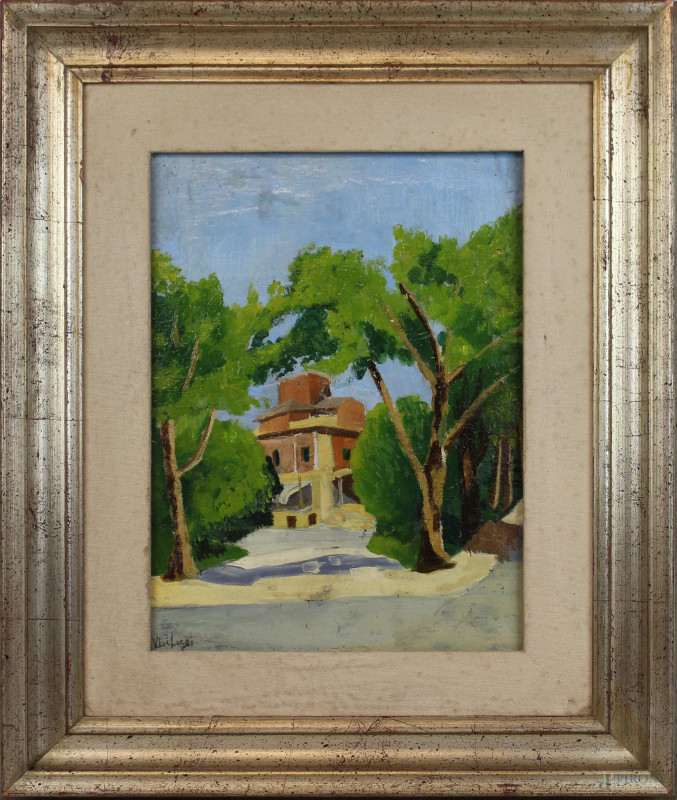 Scorcio di casa con alberi, olio su tela, cm 42x32,5, firmato, entro cornice.  - Asta ASTA DI ARTE MODERNA E ANTIQUARIATO - Aste Pirone