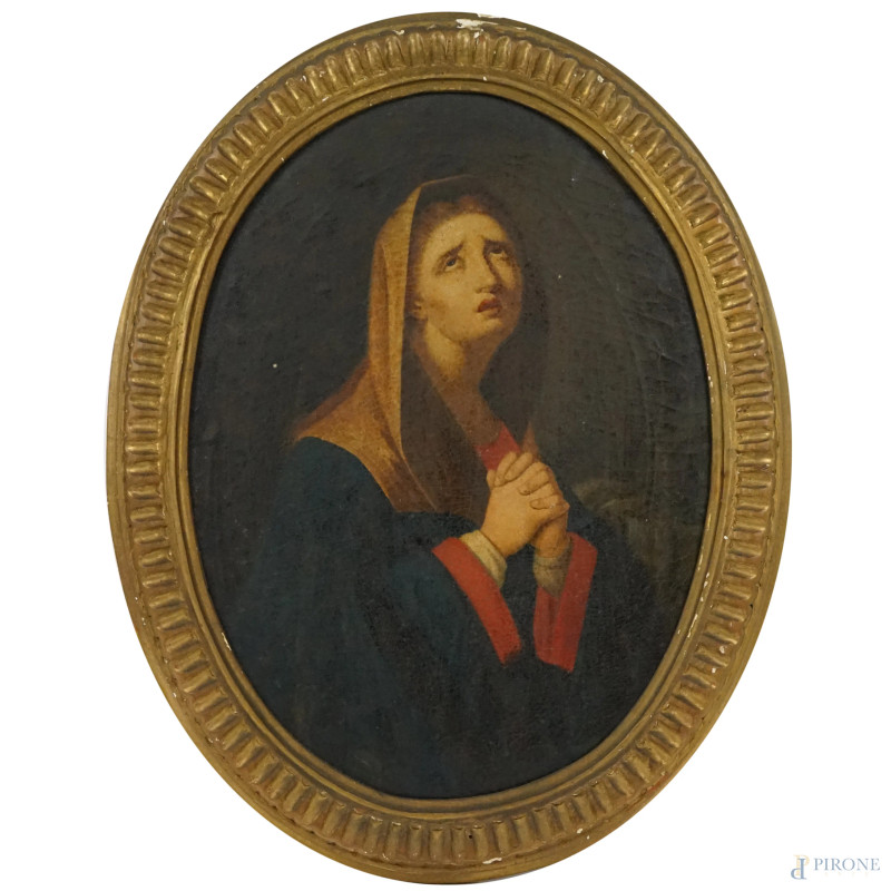 Vergine orante, olio su tela ad assetto ovale, cm 48,5x36,5, XIX secolo, entro cornice.  - Asta ASTA A TEMPO DI ANTIQUARIATO E ARTE MODERNA - Aste Pirone