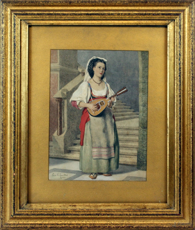 Francesco Raffaele Santoro : Donna con mandolino, acquarello su carta, cm 28x21, entro cornice.  - Asta PRIMA TORNATA D' ASTA A TEMPO DI FINE STAGIONE - Aste Pirone