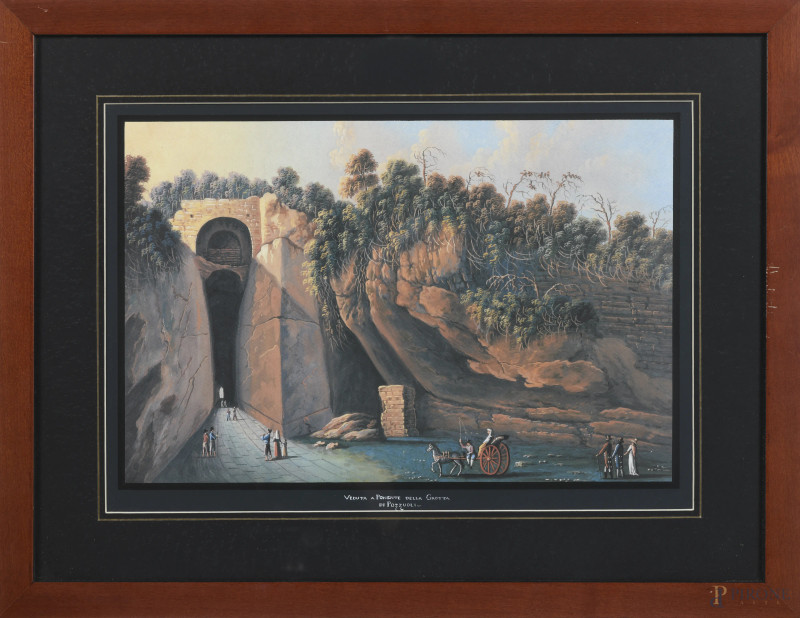 Veduta a Ponente della Grotta di Pozzuoli, XX secolo, stampa su carta, cm 44x59 compreso passepartout, entro cornice  - Asta  ASTA A TEMPO | VARIÆ - Aste Pirone