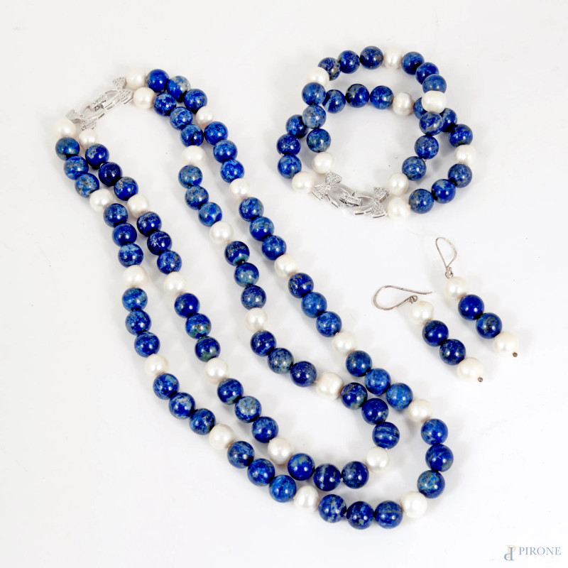 Parure con perle, lapislazzuli e argento , lunghezza collana cm 68; lunghezza bracciale cm 20  - Asta ASTA A TEMPO | BLACK FRIDAY AUCTION - Aste Pirone