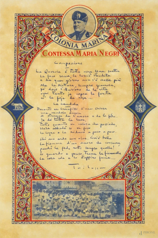 Colonia Marina - Contessa Maria Negri, "Companione", poesia firmata Trilussa, cm 35x23,5, (segni del tempo).  - Asta ASTA A TEMPO - Aste Pirone