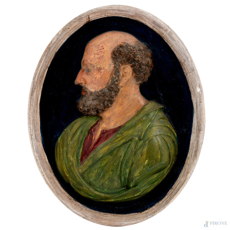 Placca ovale in gesso policromo con bassorilievo raffigurante profilo virile, XX secolo, cm 16x13, (segni di usura, scalfiture)  - Asta ASTA A TEMPO | VARIÆ - Aste Pirone