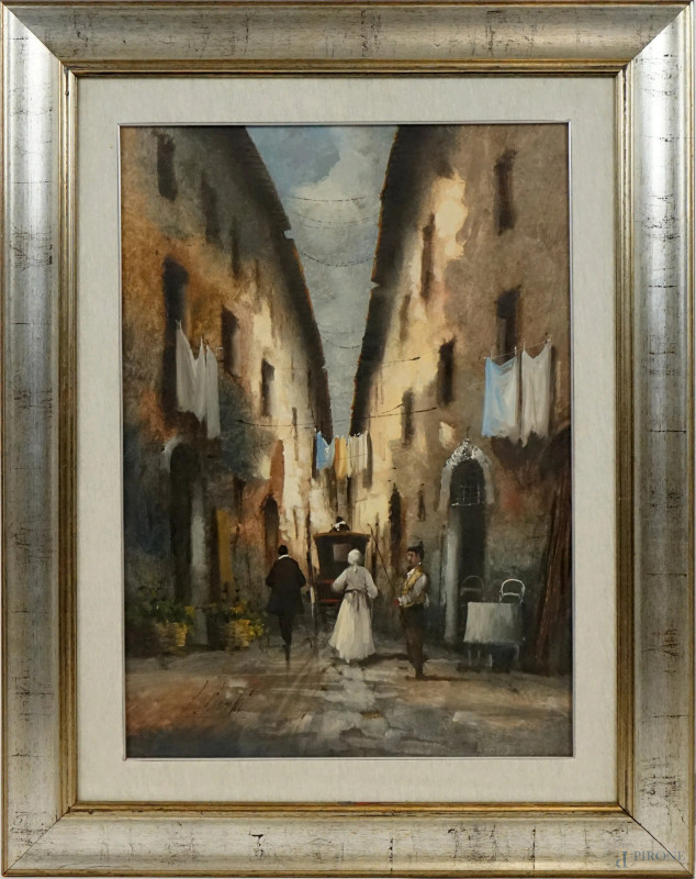 Guido Borelli : Scorcio di borgo, olio su tela, cm 70x50, entro cornice.  - Asta II TORNATA DI ASTA DI ARTE MODERNA E ANTIQUARIATO - Aste Pirone