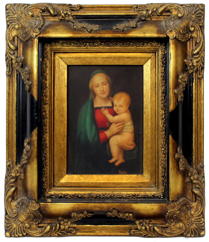 Copia da Raffaello Sanzio (Urbino,1483 - Roma,1520), Madonna del Granduca, olio su tavola, cm 17,5x12,5, XX secolo, entro cornice.  - Asta ANTIQUARIATO E ARTE MODERNA - Aste Pirone