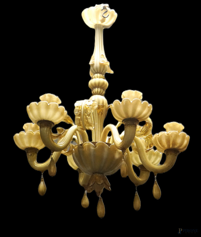 Lampadario in vetro di Murano a sei luci, XX secolo, cm h 65  - Asta ASTA A TEMPO DI ANTIQUARIATO E ARTE MODERNA E CONTEMPORANEA - Aste Pirone