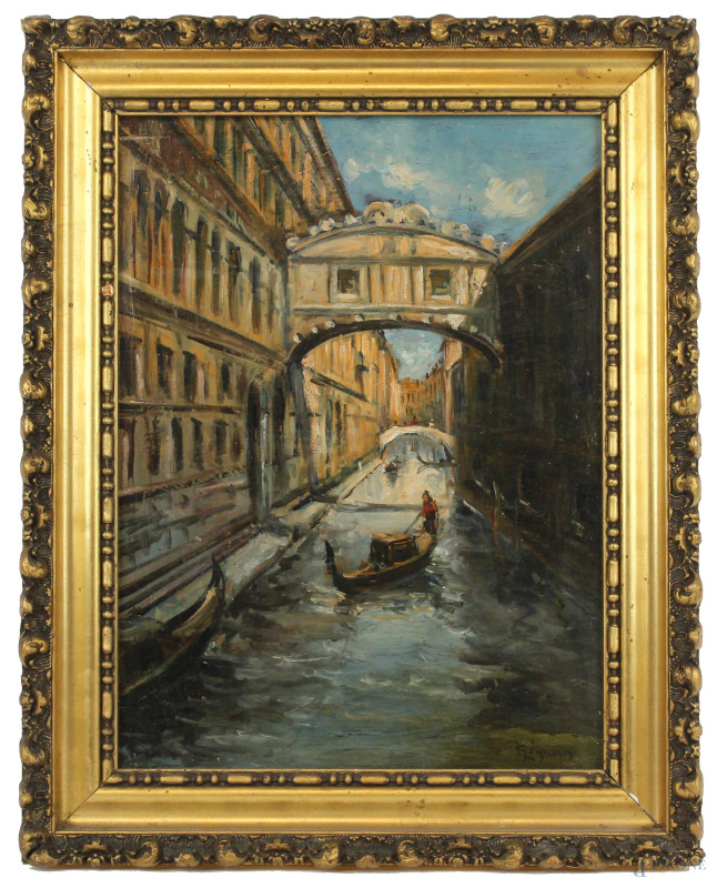 Il Ponte dei Sospiri, olio su tavola, cm 40x30, firmato, entro cornice.  - Asta PRIMA TORNATA D' ASTA A TEMPO DI FINE STAGIONE - Aste Pirone