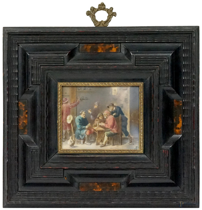 Miniatura dipinta raffigurante "I giocatori di carte", cm 7.5x9.5, firmata, entro cornice.  - Asta ASTA A TEMPO DI ANTIQUARIATO E ARTE MODERNA - Aste Pirone