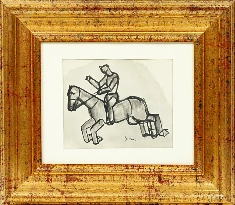 Uomo a cavallo, acquarello su carta, cm 13,5x17, firmato, entro cornice  - Asta ASTA A TEMPO DI ANTIQUARIATO E ARTE MODERNA - Aste Pirone