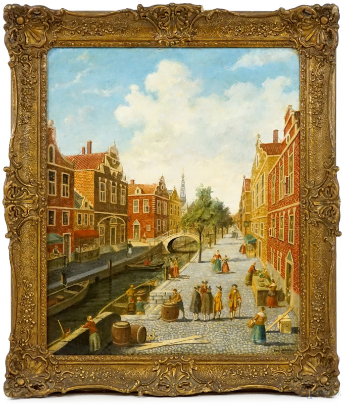 Haarlem,  olio su tela, cm 61x50,5, firmato, entro cornice  - Asta ASTA A TEMPO DI ANTIQUARIATO E ARTE MODERNA - Aste Pirone