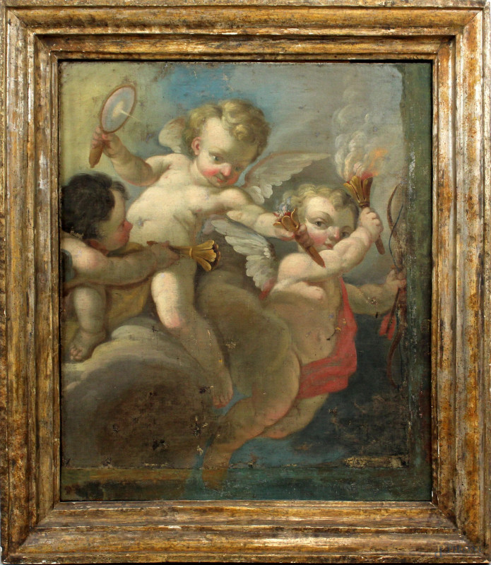 Scuola francese del XVIII secolo, Allegoria con putti, olio su tela, cm 80x68, entro cornice, (difetti).  - Asta ASTA DI ARTE MODERNA E ANTIQUARIATO - Aste Pirone