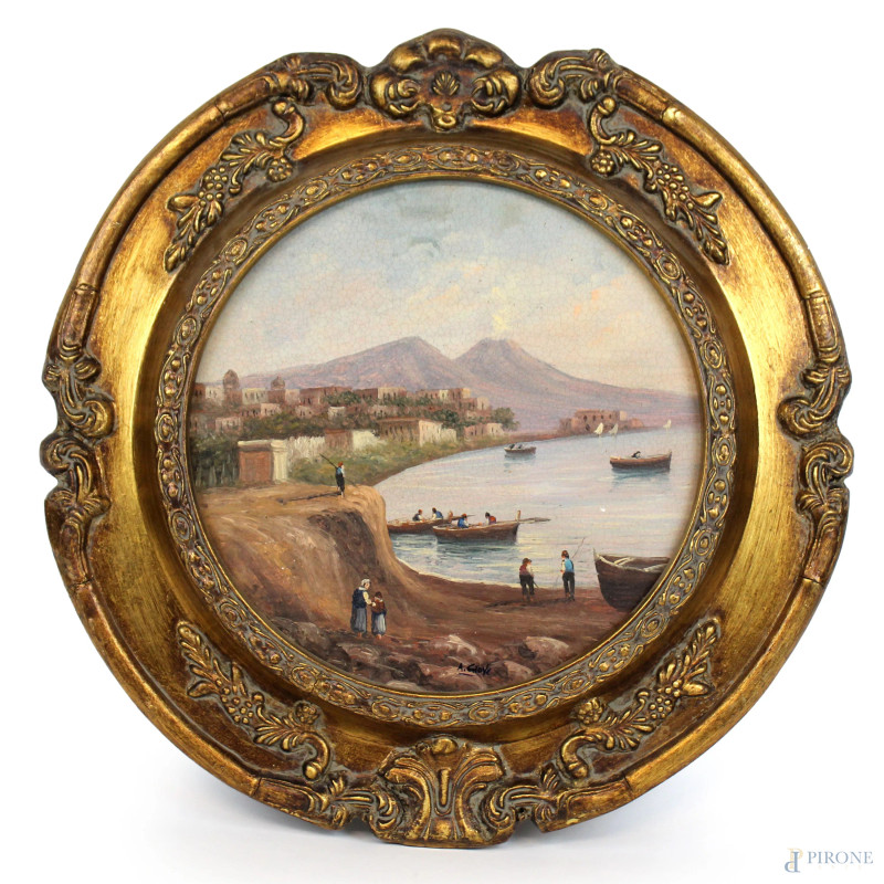 Scorcio del Golfo di Napoli, olio su legno ad assetto tondo, diam. cm 30, XX secolo, entro cornice.  - Asta ASTA DI ARTE MODERNA E ANTIQUARIATO - Aste Pirone