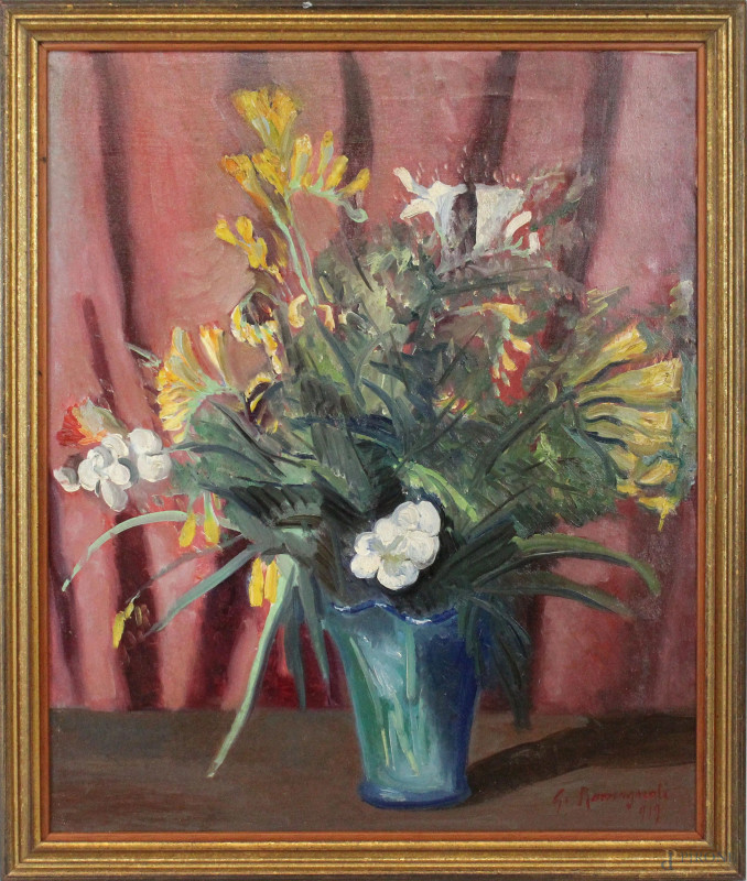 Vaso di fiori, olio su tela, cm 60x50, firmato, entro cornice  - Asta ANTIQUARIATO E ARTE MODERNA - Aste Pirone