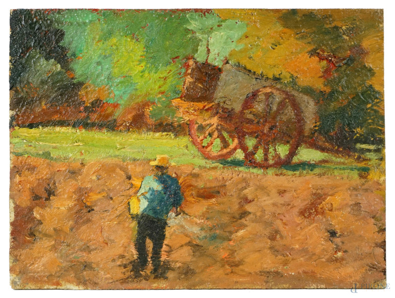 Vincenzo Morra : Paesaggio di campagna con contadino e carro, olio su tavola, cm 30x41  - Asta II TORNATA DI ASTA DI ARTE MODERNA E ANTIQUARIATO - Aste Pirone