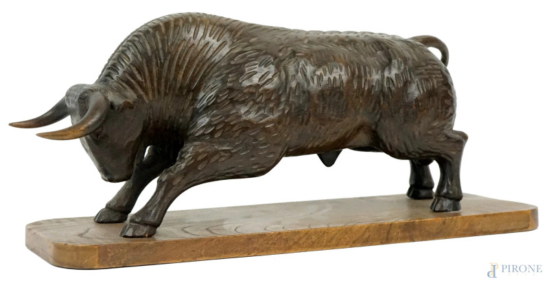 Bisonte, scultura in legno scolpito, XX secolo, cm h 13x28x10  - Asta ASTA DI ARTE MODERNA, CONTEMPORANEA E VINTAGE - Aste Pirone