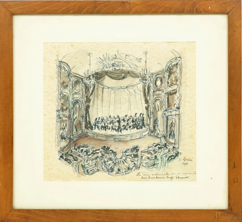 Tomaso Buzzi : La Sala sistemata per un concerto dell'Accademia degli Sdraiati, bozzetto realizzato a tecnica mista su carta, cm 20x21,5, datato 1956, entro cornice, (macchie)  - Asta ASTA A TEMPO DI ANTIQUARIATO E ARTE MODERNA - Aste Pirone