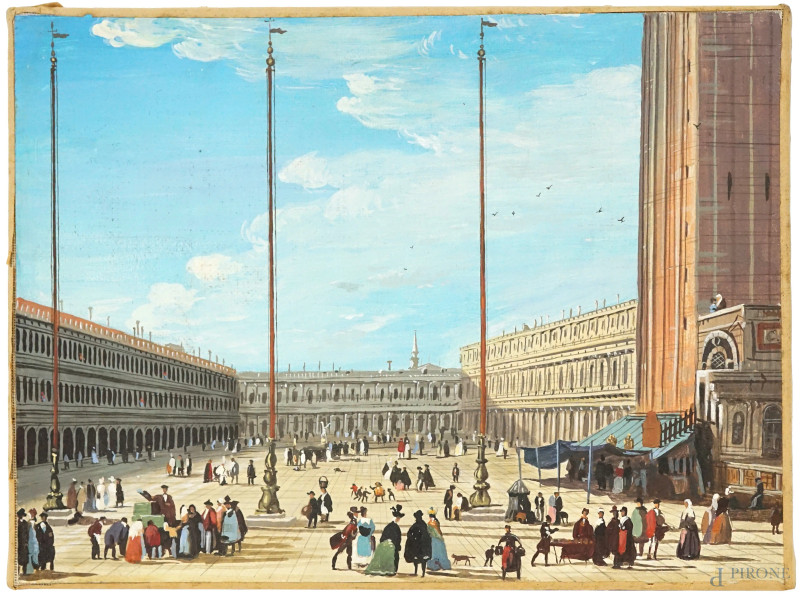 Veduta di Piazza San Marco, tempera su carta riportata su tela, cm 24x33, fine XIX secolo  - Asta ASTA A TEMPO DI ANTIQUARIATO E ARTE MODERNA - Aste Pirone