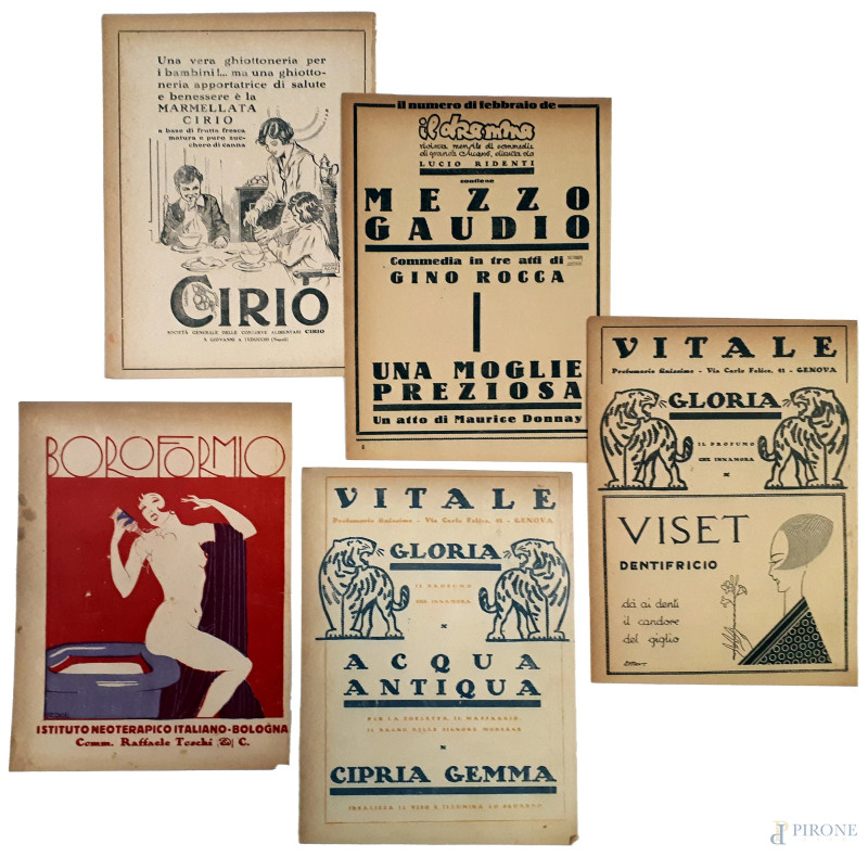 Lotto composto da cinque locandine, inizi XX secolo, stampa fronte e retro di pubblicità d’epoca, cm 24x18 cadauna  - Asta ASTA A TEMPO - Aste Pirone