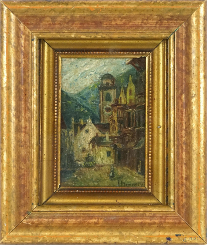 Scorcio di paese alpino, olio su tavola, cm 13x9, firmato, entro cornice.  - Asta II TORNATA DI ASTA DI ARTE MODERNA E ANTIQUARIATO - Aste Pirone