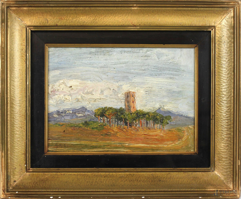 Paesaggio laziale con torre, olio su cartone, cm 16x22,5, firmato,entro cornice.  - Asta ASTA DI ARTE MODERNA E ANTIQUARIATO - Aste Pirone