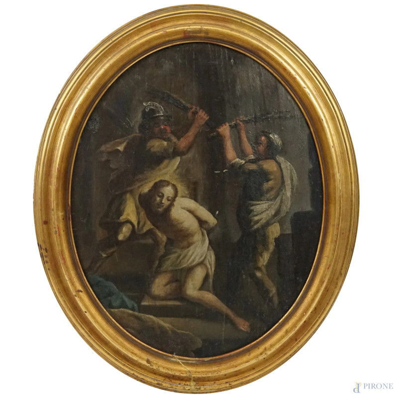 Flagellazione, olio su tavola ad assetto ovale, cm 49,5x39,5, firmato a tergo, entro cornice.  - Asta ASTA A TEMPO DI ANTIQUARIATO E ARTE MODERNA - Aste Pirone