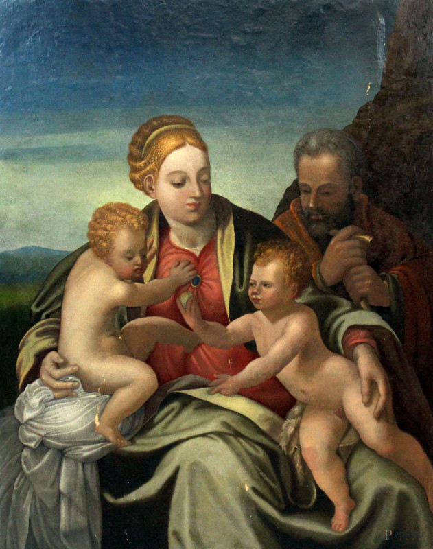 Sacra famiglia, olio su tavola, cm 73x58,5, fine XVI secolo, (cadute di colore e restauri).  - Asta ASTA DI ARTE MODERNA E ANTIQUARIATO - Aste Pirone