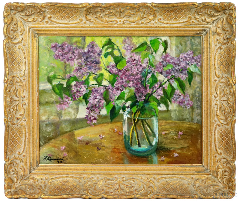 Natura morta di fiori, olio su cartone, cm 38,5 x 49,5, firmato e datato, entro cornice  - Asta ASTA LIVE DI ANTIQUARIATO E ARTE MODERNA – DUE SESSIONI POMERIDIANE - Aste Pirone