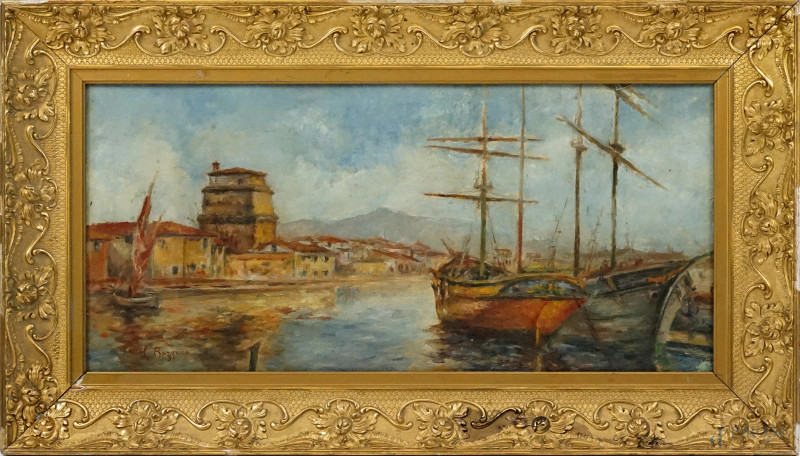 Scorcio di porto con imbarcazioni, olio su cartone, cm 32x68, firmato, entro cornice.  - Asta ASTA A TEMPO DI ANTIQUARIATO E ARTE MODERNA – DUE SESSIONI - Aste Pirone