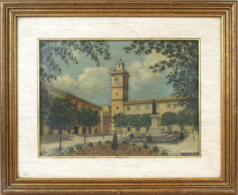 Piazza del Palazzo all'Aquila, olio su tavola, cm 26,5x34,5, firmato, entro cornice.  - Asta ANTIQUARIATO E ARTE MODERNA - Aste Pirone