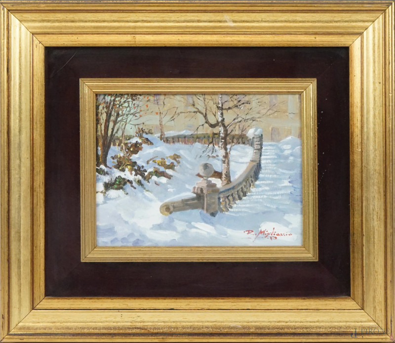 Scalinata innevata, olio su tela, cm 20x25, firmato, entro cornice  - Asta ASTA A TEMPO DI ANTIQUARIATO E ARTE MODERNA - Aste Pirone