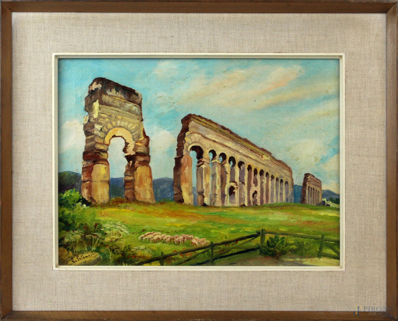 Acquedotto Claudio, olio su tela, cm 30x40, firmato, entro cornice  - Asta Asta a Tempo di Antiquariato e Arte Moderna - Aste Pirone